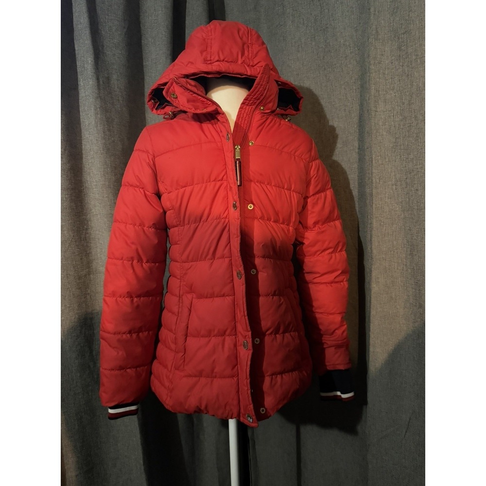 Tommy Hilfiger Womens Red Puffer Jacket Hooded Quilted Coat 1985 Crest Patch
